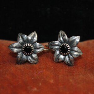Vintage Silver-tone Flower Earrings with Black Center